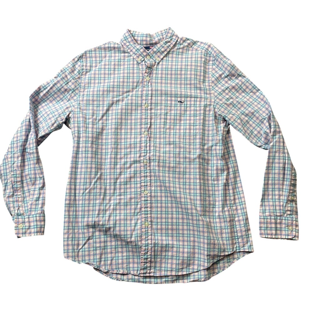 Vineyard Vines Large Long Sleeve Plaid Blue Pink Button Up Slim Fit Tucker